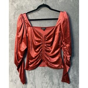 Express Rust Red Velvet Ruched Front Puff Sleeve Glam Romantic Top Small